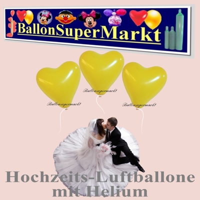 Luftballons zur Hochzeit, Herzluftballons in Gelb mit der Helium Einweg Miniflasche