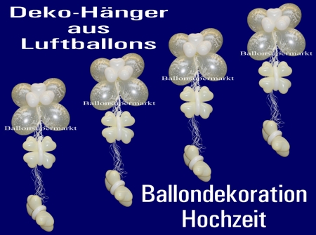 4 Dekorationshänger aus Luftballons in Silber und Herzluftballons in Weiß, Just Married, Ballondekoration Hochzeit