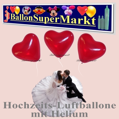 Luftballons zur Hochzeit, Herzluftballons in Kristallrot mit der Helium Einweg Miniflasche