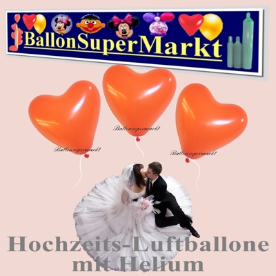 Luftballons zur Hochzeit, Herzluftballons in Orange mit der Helium Einweg Miniflasche