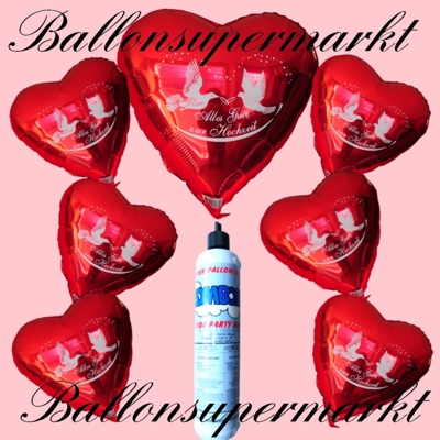 Luftballons aus Folie, Alles Gute zur Hochzeit, Ballons in Rot mit kleiner Heliumflasche